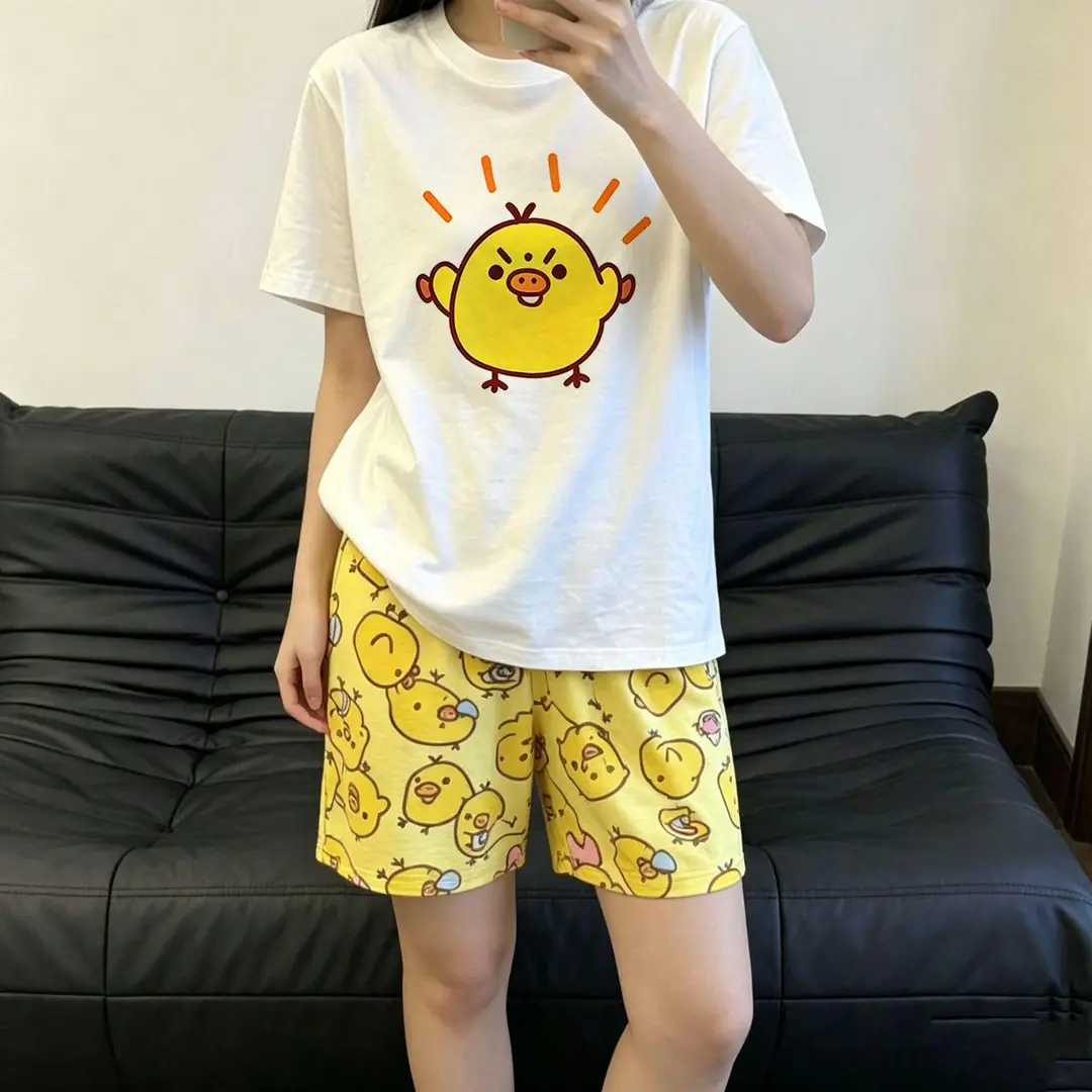 Round Neck Top + Cloud Cotton Long Pants Fashion Set for Women, Cartoon Nose-Picking Chicken Pure Cotton Short-Sleeve Student Casual Pajamas