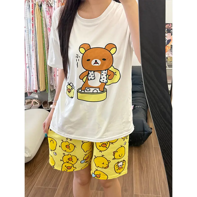 Round Neck Top + Cloud Cotton Long Pants Fashion Set for Women, Cartoon Nose-Picking Chicken Pure Cotton Short-Sleeve Student Casual Pajamas
