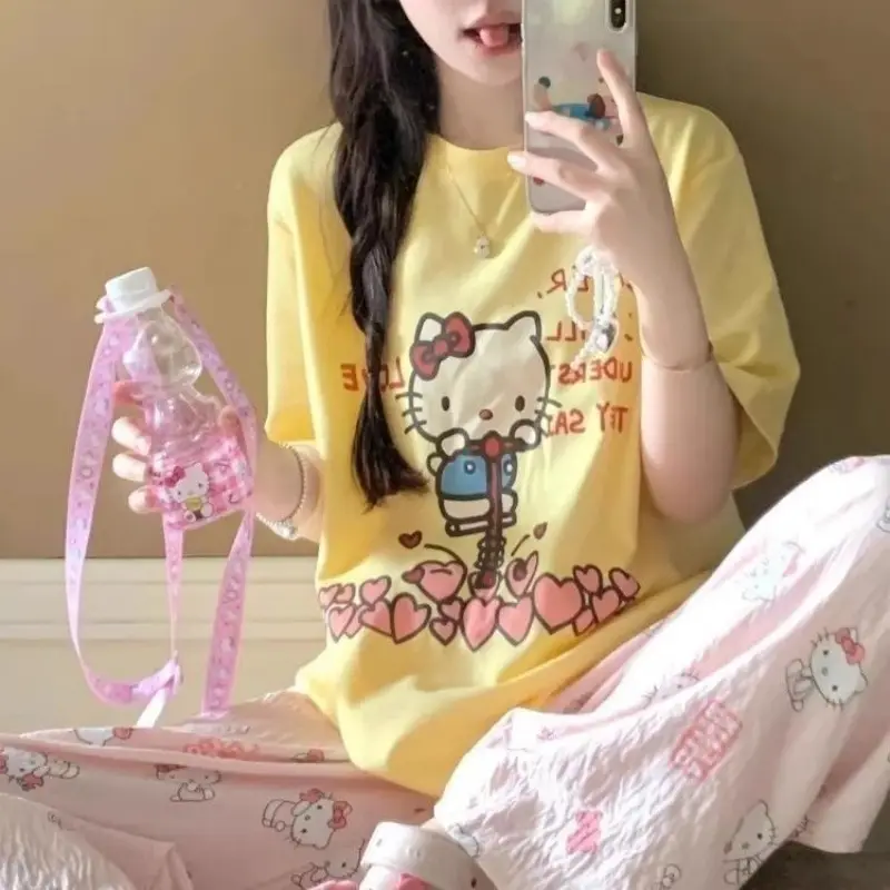 Round Neck Top + Cloud Cotton Long Pants Fashion Set for Women, Cartoon Nose-Picking Chicken Pure Cotton Short-Sleeve Student Casual Pajamas