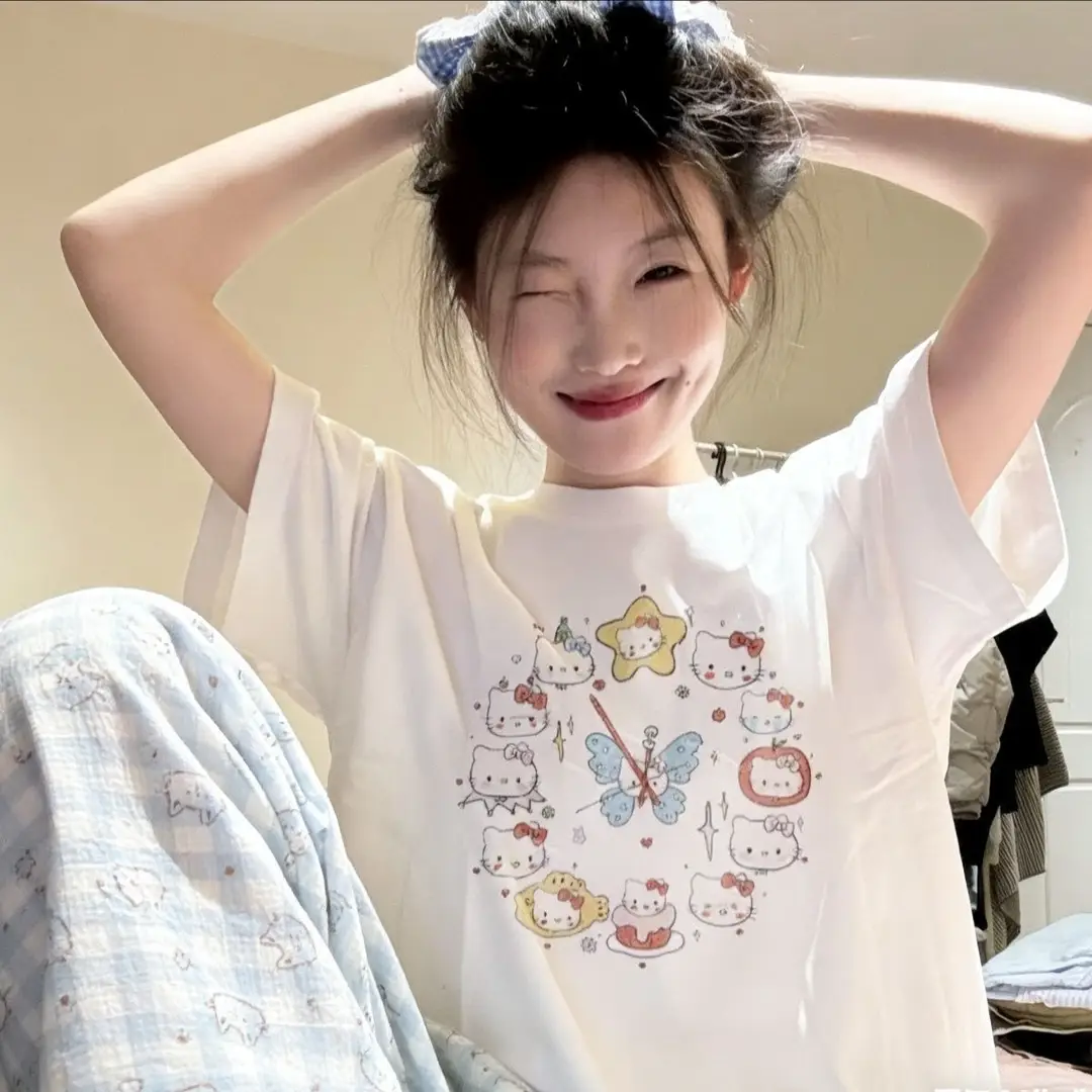 Round Neck Top + Cloud Cotton Long Pants Fashion Set for Women, Cartoon Nose-Picking Chicken Pure Cotton Short-Sleeve Student Casual Pajamas