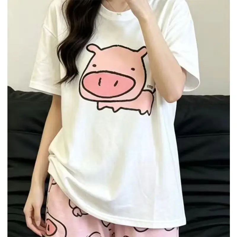 Round Neck Top + Cloud Cotton Long Pants Fashion Set for Women, Cartoon Nose-Picking Chicken Pure Cotton Short-Sleeve Student Casual Pajamas