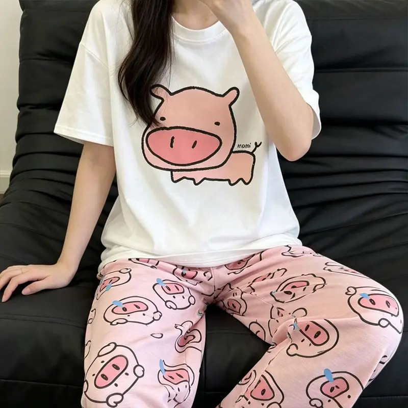 Round Neck Top + Cloud Cotton Long Pants Fashion Set for Women, Cartoon Nose-Picking Chicken Pure Cotton Short-Sleeve Student Casual Pajamas