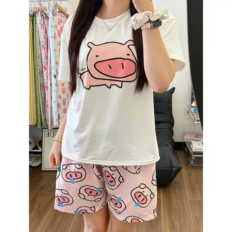 Round Neck Top + Cloud Cotton Long Pants Fashion Set for Women, Cartoon Nose-Picking Chicken Pure Cotton Short-Sleeve Student Casual Pajamas
