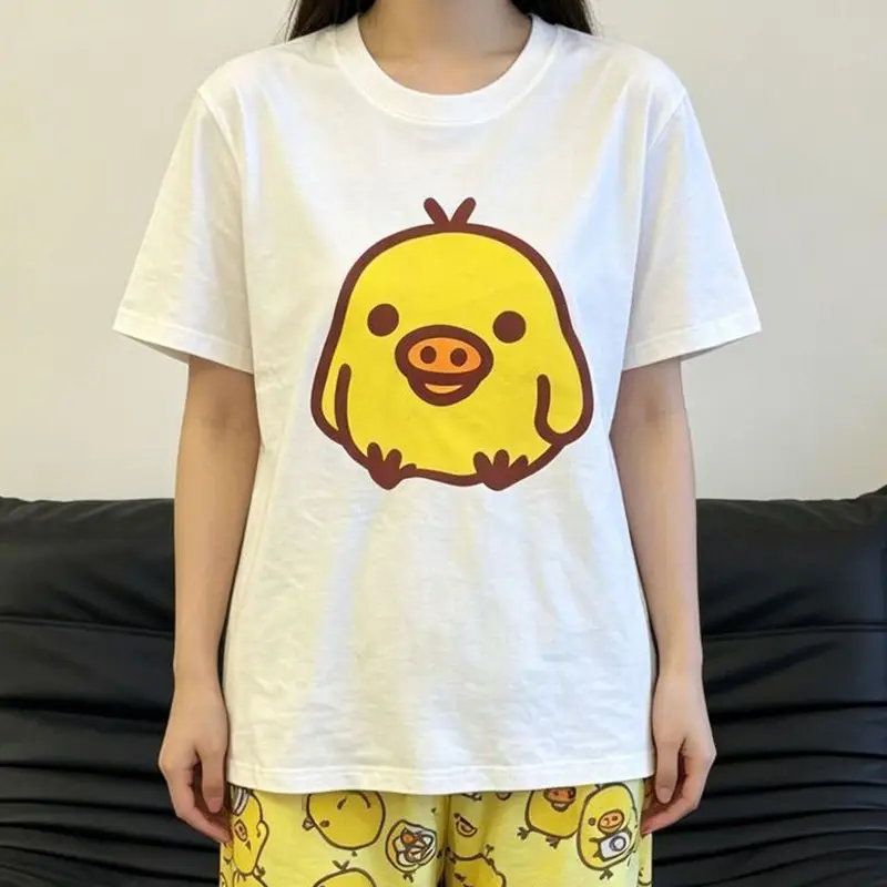 Round Neck Top + Cloud Cotton Long Pants Fashion Set for Women, Cartoon Nose-Picking Chicken Pure Cotton Short-Sleeve Student Casual Pajamas
