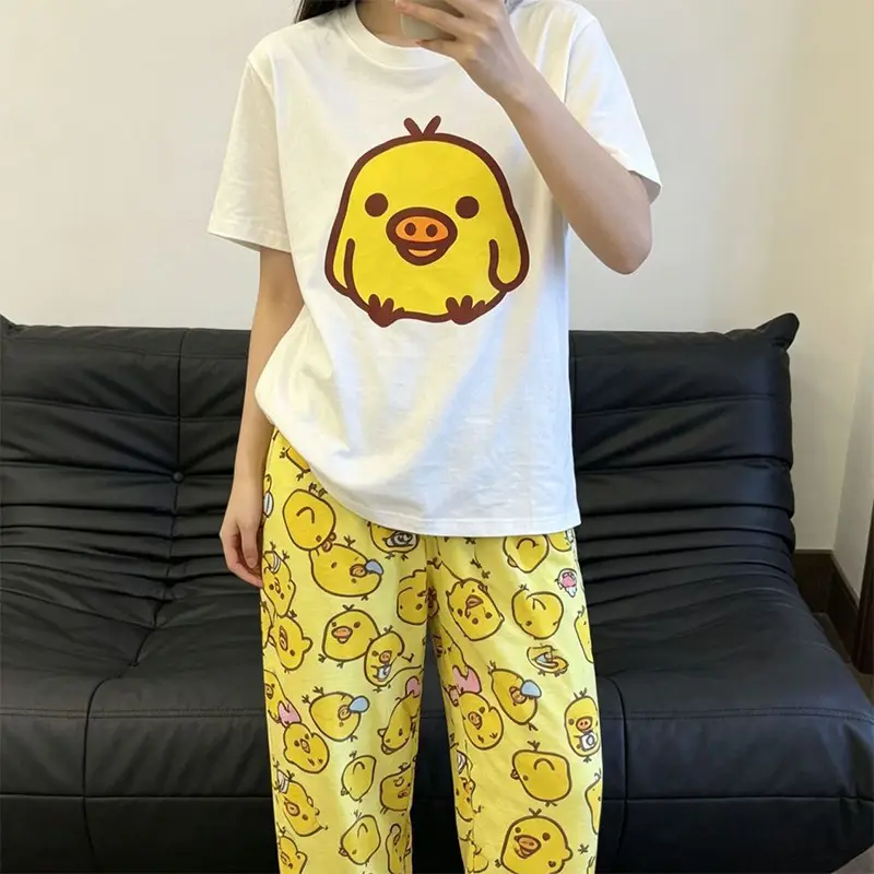 Round Neck Top + Cloud Cotton Long Pants Fashion Set for Women, Cartoon Nose-Picking Chicken Pure Cotton Short-Sleeve Student Casual Pajamas