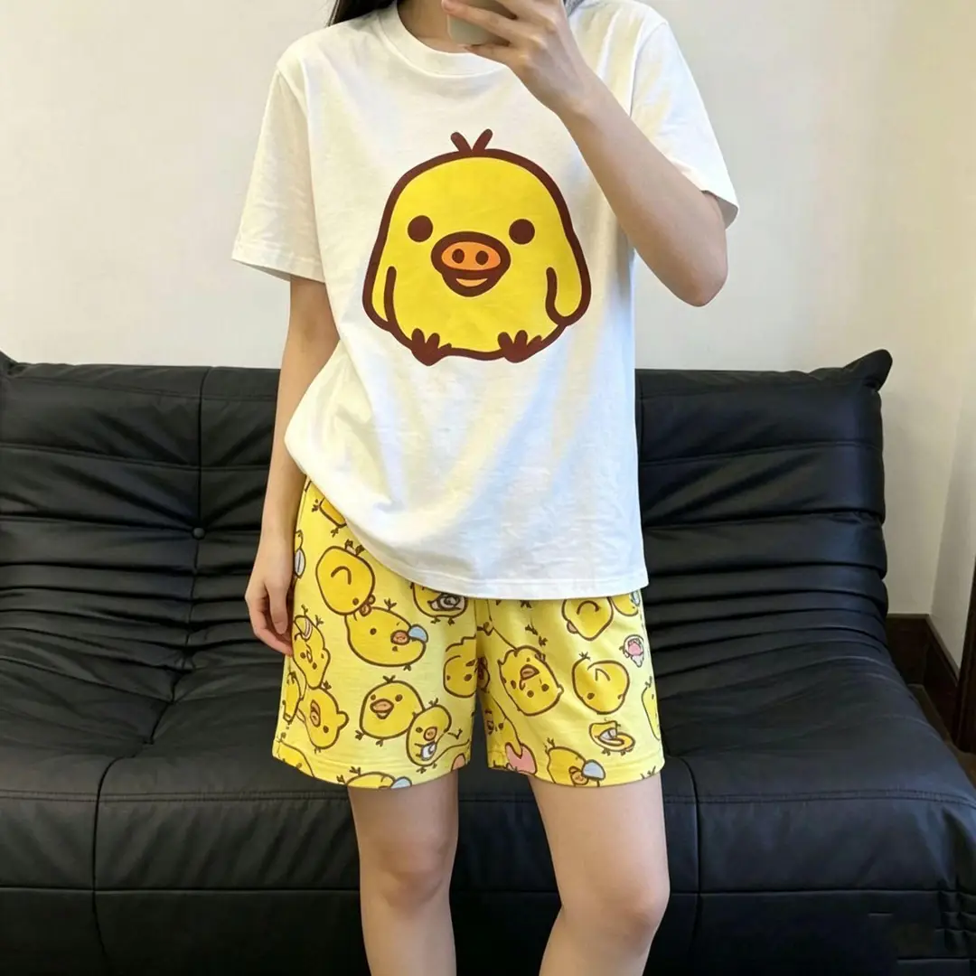 Round Neck Top + Cloud Cotton Long Pants Fashion Set for Women, Cartoon Nose-Picking Chicken Pure Cotton Short-Sleeve Student Casual Pajamas