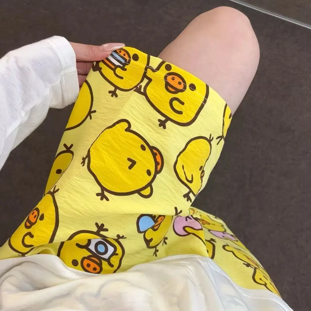 Round Neck Top + Cloud Cotton Long Pants Fashion Set for Women, Cartoon Nose-Picking Chicken Pure Cotton Short-Sleeve Student Casual Pajamas