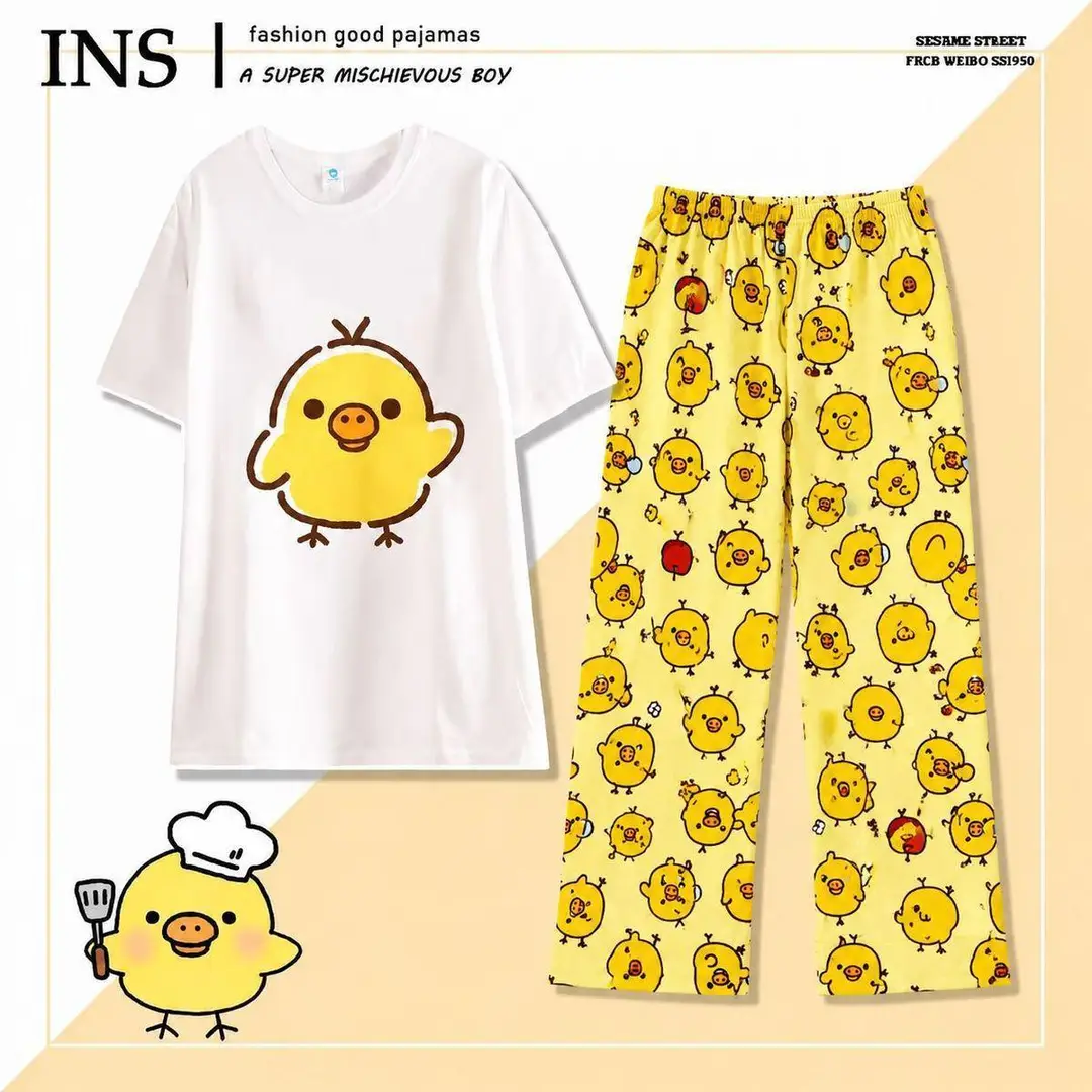 Round Neck Top + Cloud Cotton Long Pants Fashion Set for Women, Cartoon Nose-Picking Chicken Pure Cotton Short-Sleeve Student Casual Pajamas