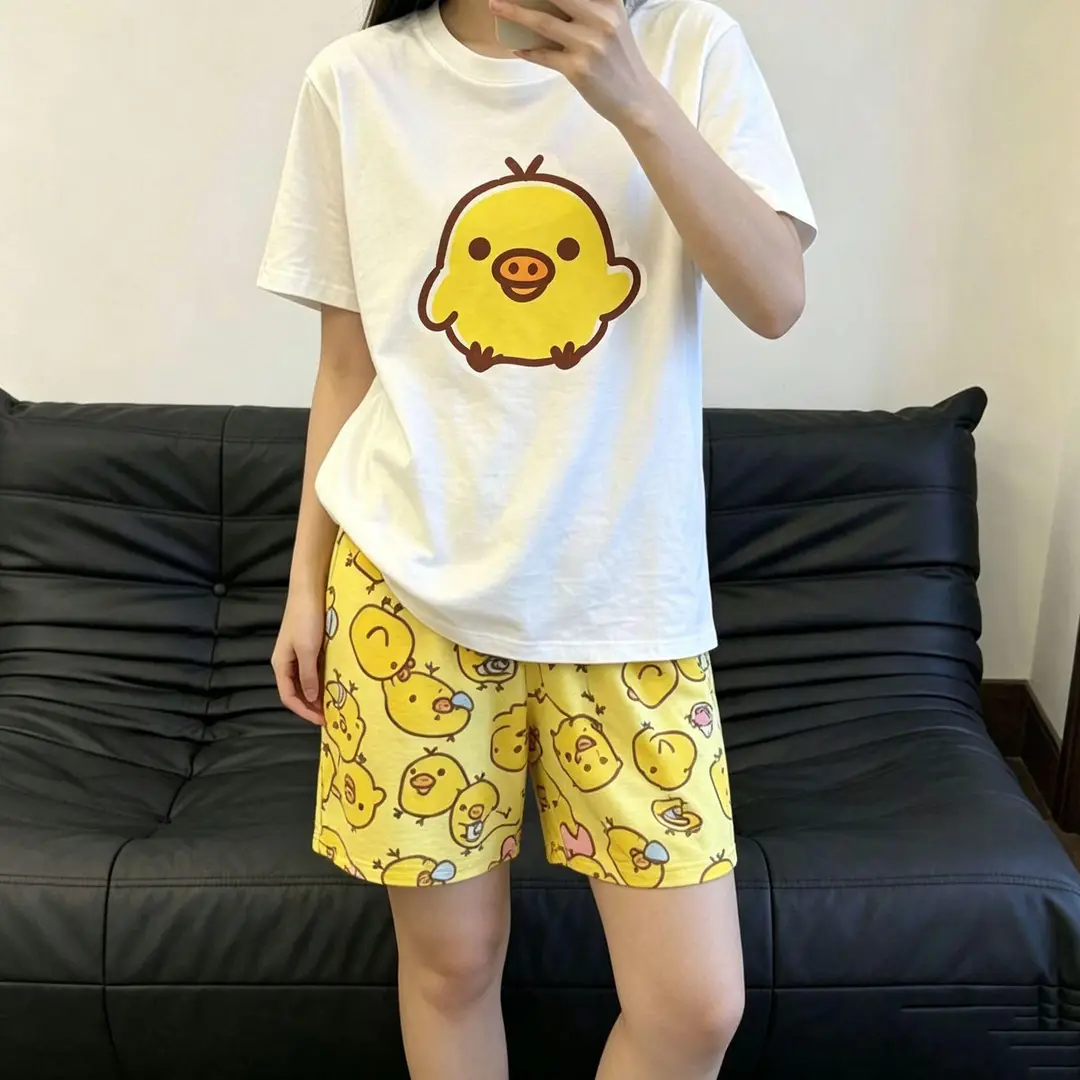 Round Neck Top + Cloud Cotton Long Pants Fashion Set for Women, Cartoon Nose-Picking Chicken Pure Cotton Short-Sleeve Student Casual Pajamas