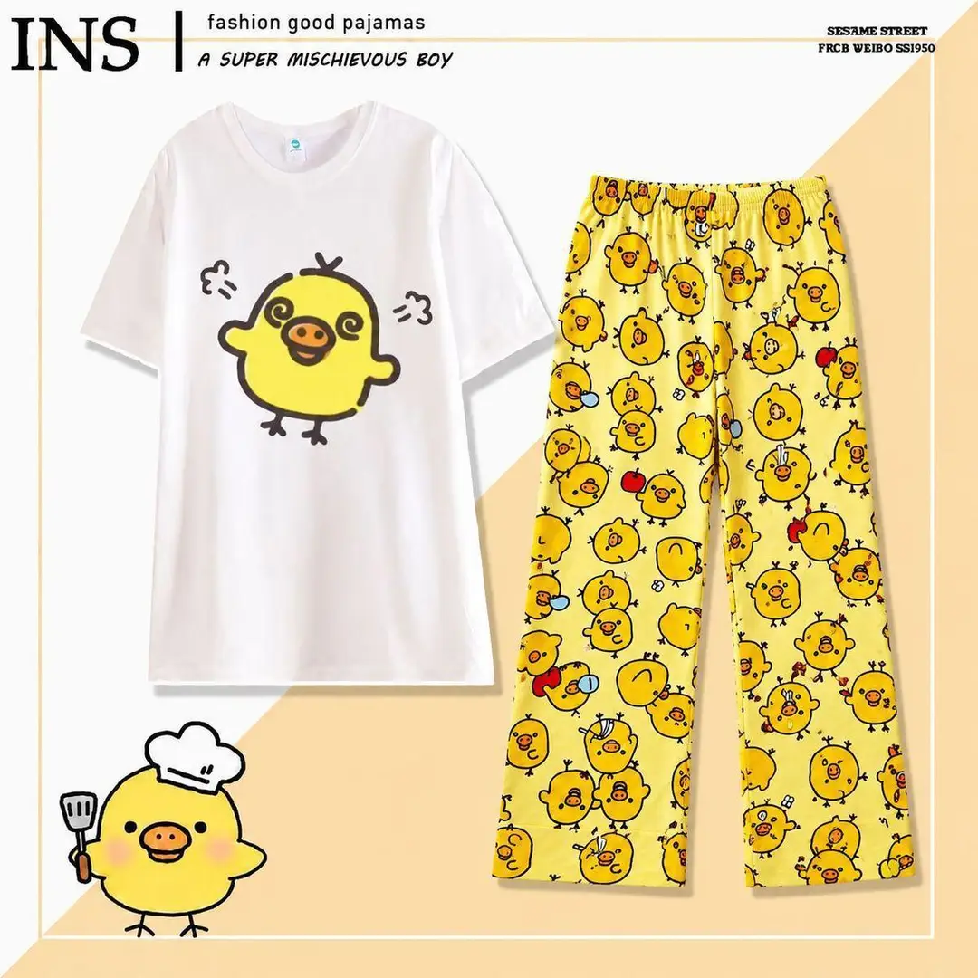 Round Neck Top + Cloud Cotton Long Pants Fashion Set for Women, Cartoon Nose-Picking Chicken Pure Cotton Short-Sleeve Student Casual Pajamas