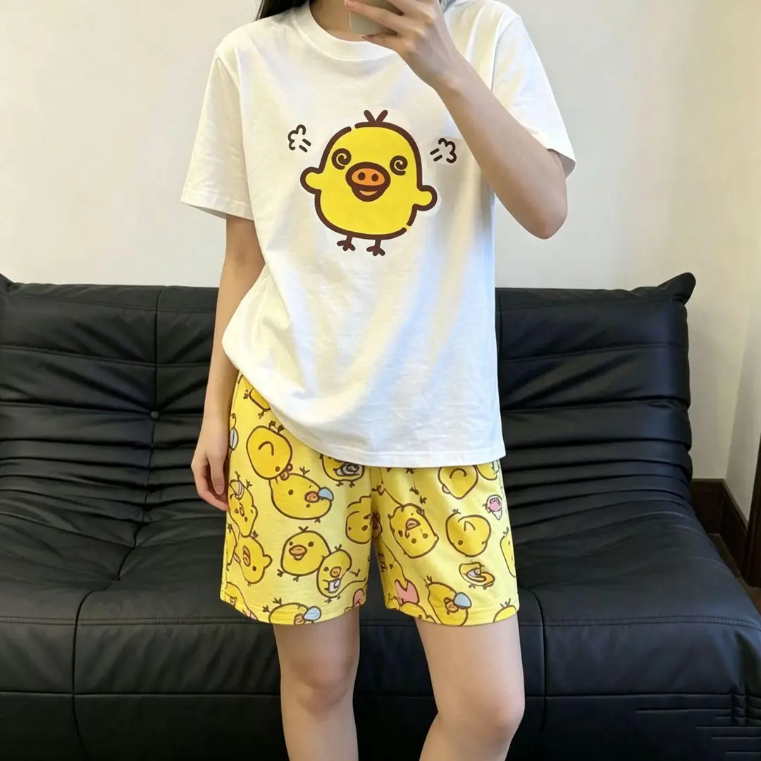 Round Neck Top + Cloud Cotton Long Pants Fashion Set for Women, Cartoon Nose-Picking Chicken Pure Cotton Short-Sleeve Student Casual Pajamas