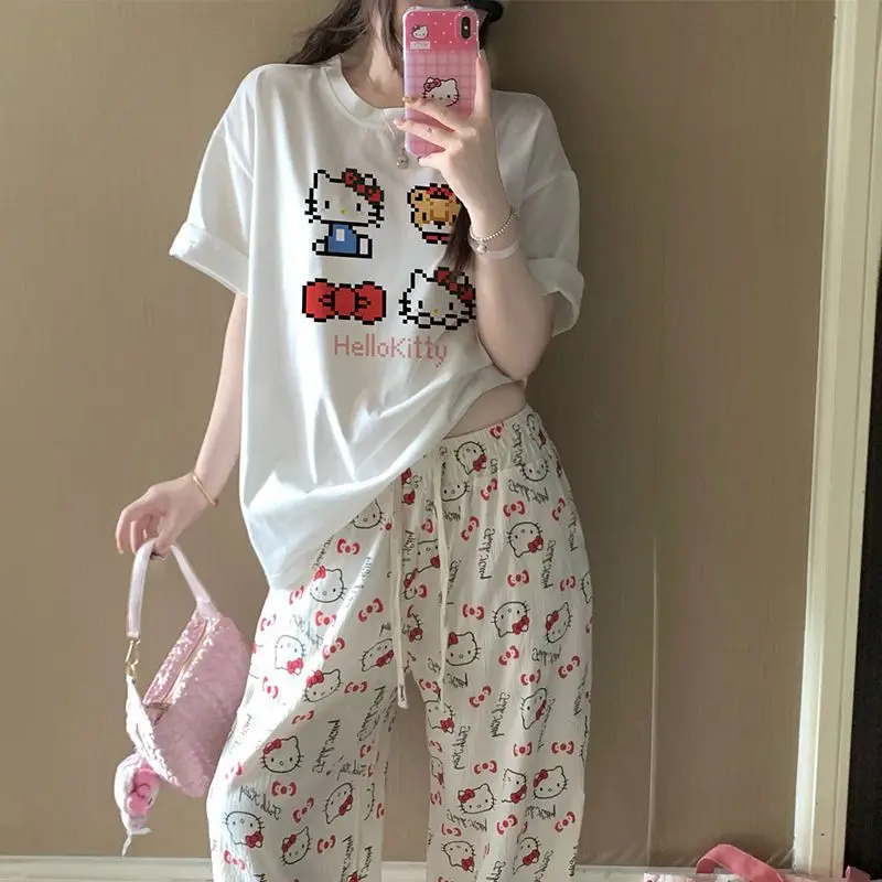 Round Neck Top + Cloud Cotton Long Pants Fashion Set for Women, Cartoon Nose-Picking Chicken Pure Cotton Short-Sleeve Student Casual Pajamas
