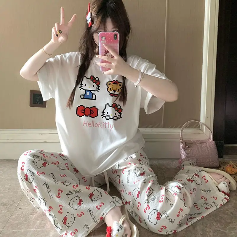 Round Neck Top + Cloud Cotton Long Pants Fashion Set for Women, Cartoon Nose-Picking Chicken Pure Cotton Short-Sleeve Student Casual Pajamas