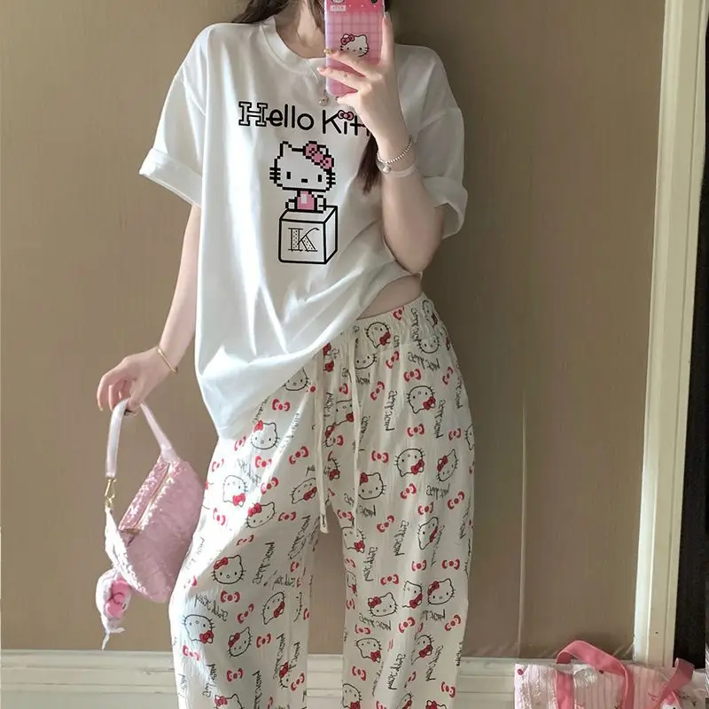 Round Neck Top + Cloud Cotton Long Pants Fashion Set for Women, Cartoon Nose-Picking Chicken Pure Cotton Short-Sleeve Student Casual Pajamas