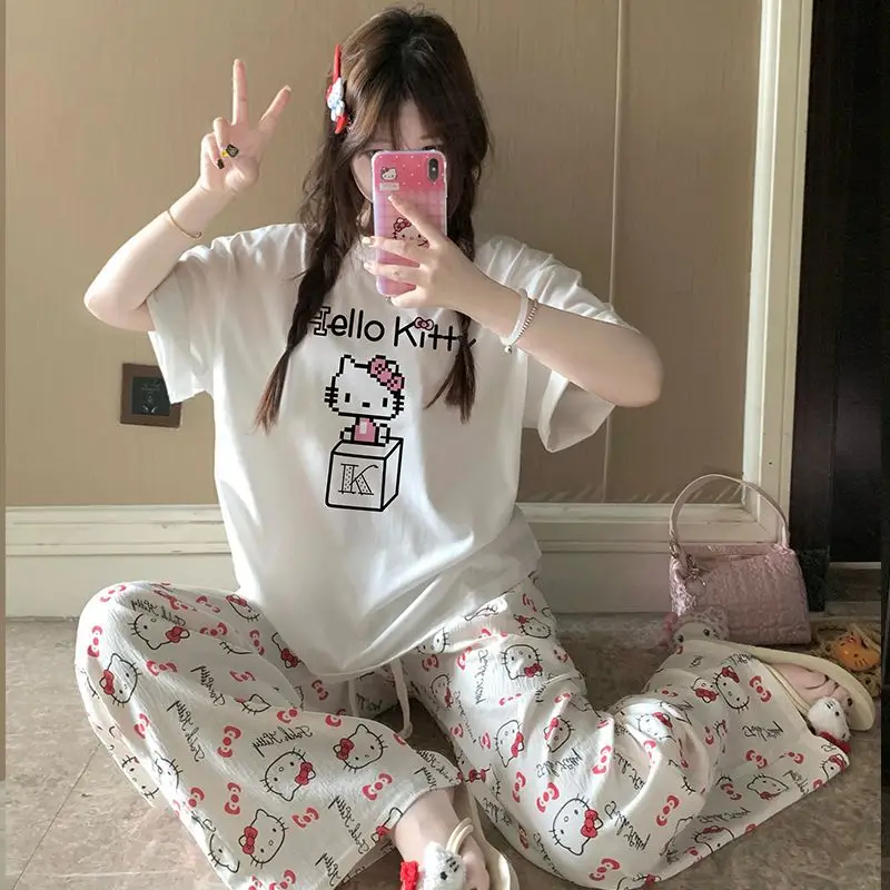 Round Neck Top + Cloud Cotton Long Pants Fashion Set for Women, Cartoon Nose-Picking Chicken Pure Cotton Short-Sleeve Student Casual Pajamas
