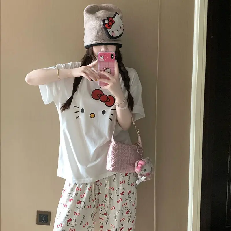 Round Neck Top + Cloud Cotton Long Pants Fashion Set for Women, Cartoon Nose-Picking Chicken Pure Cotton Short-Sleeve Student Casual Pajamas