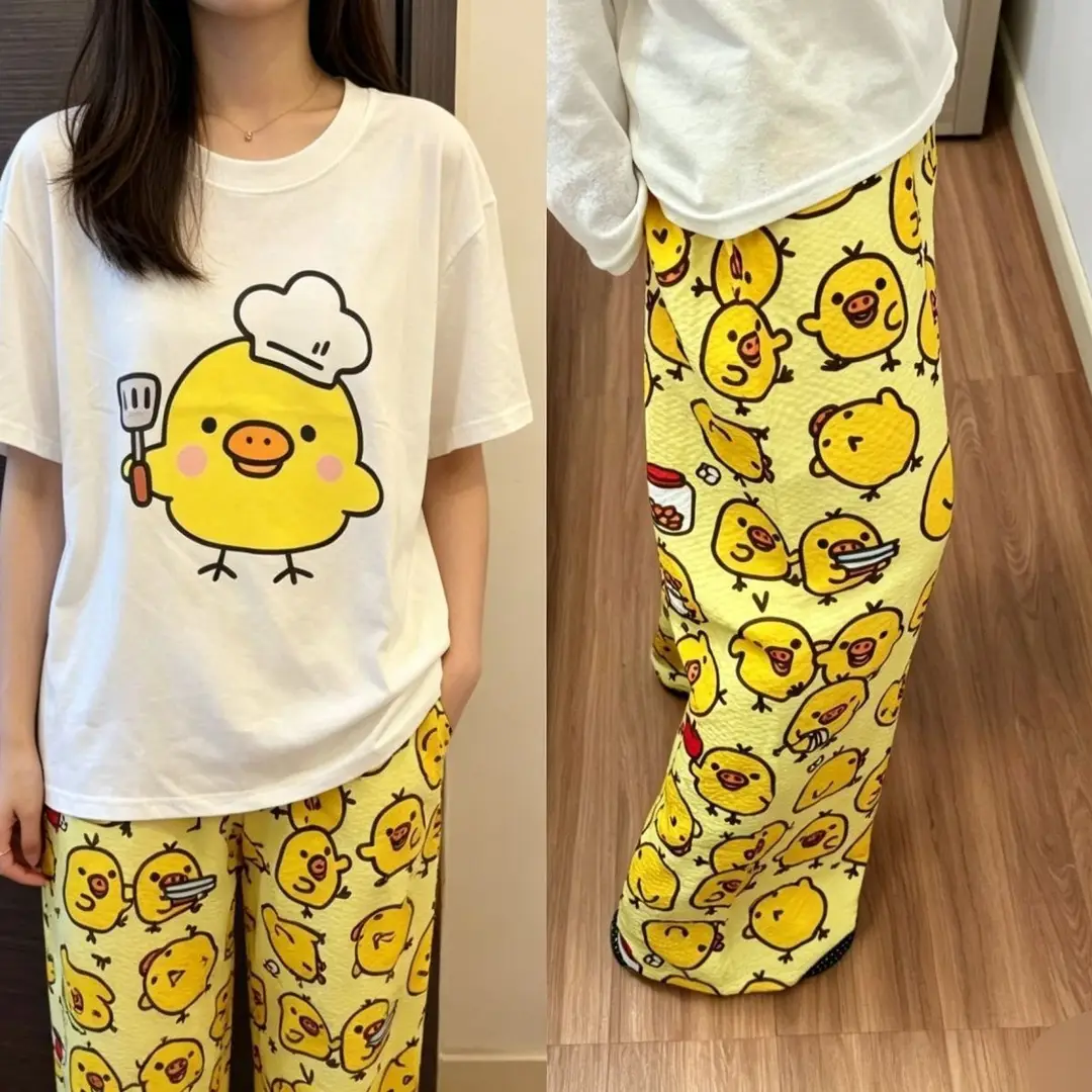 Round Neck Top + Cloud Cotton Long Pants Fashion Set for Women, Cartoon Nose-Picking Chicken Pure Cotton Short-Sleeve Student Casual Pajamas