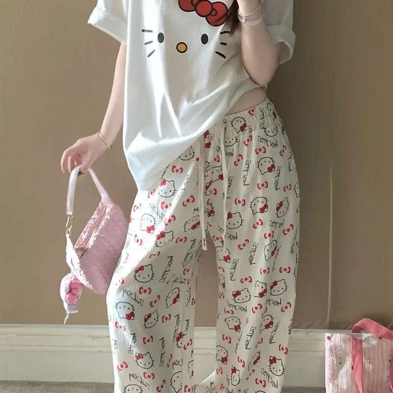 Round Neck Top + Cloud Cotton Long Pants Fashion Set for Women, Cartoon Nose-Picking Chicken Pure Cotton Short-Sleeve Student Casual Pajamas