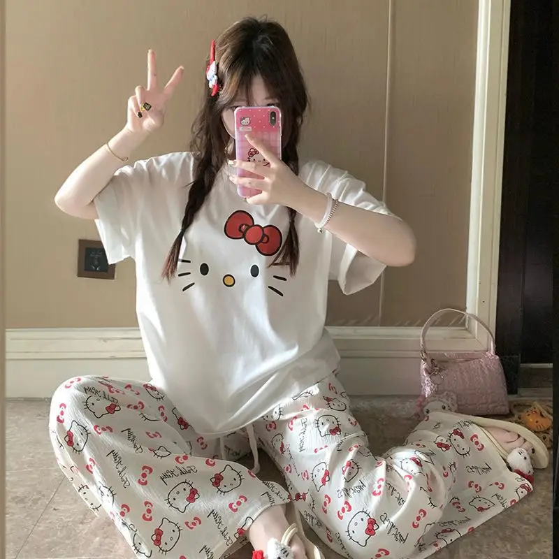 Round Neck Top + Cloud Cotton Long Pants Fashion Set for Women, Cartoon Nose-Picking Chicken Pure Cotton Short-Sleeve Student Casual Pajamas