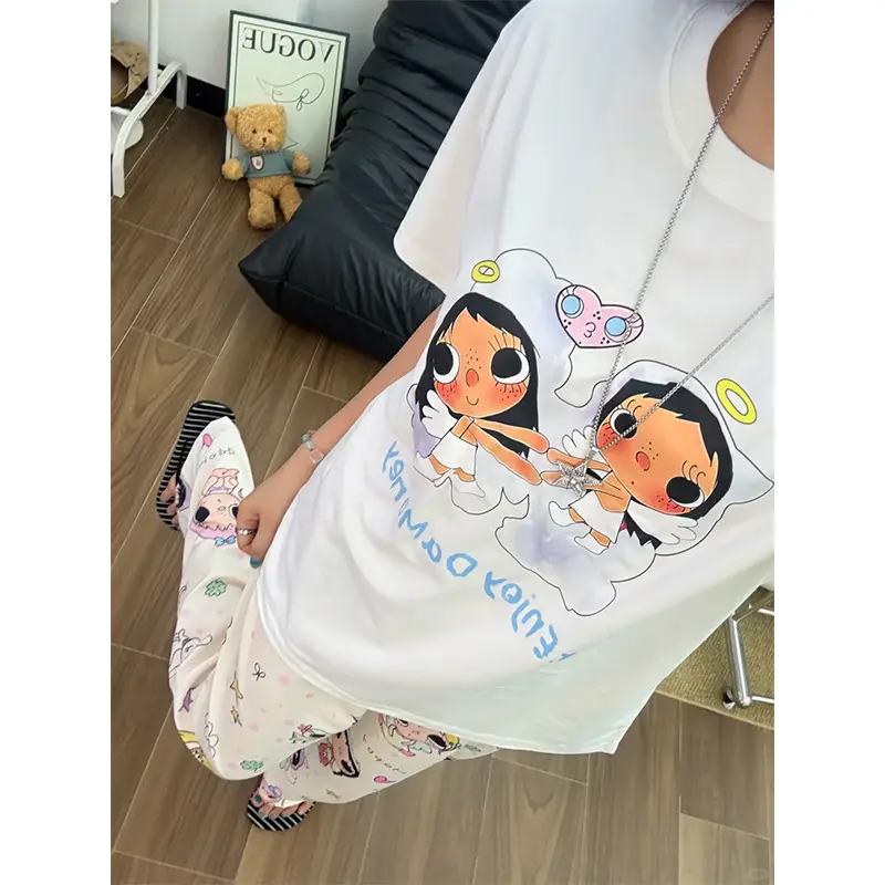 Round Neck Top + Cloud Cotton Long Pants Fashion Set for Women, Cartoon Nose-Picking Chicken Pure Cotton Short-Sleeve Student Casual Pajamas
