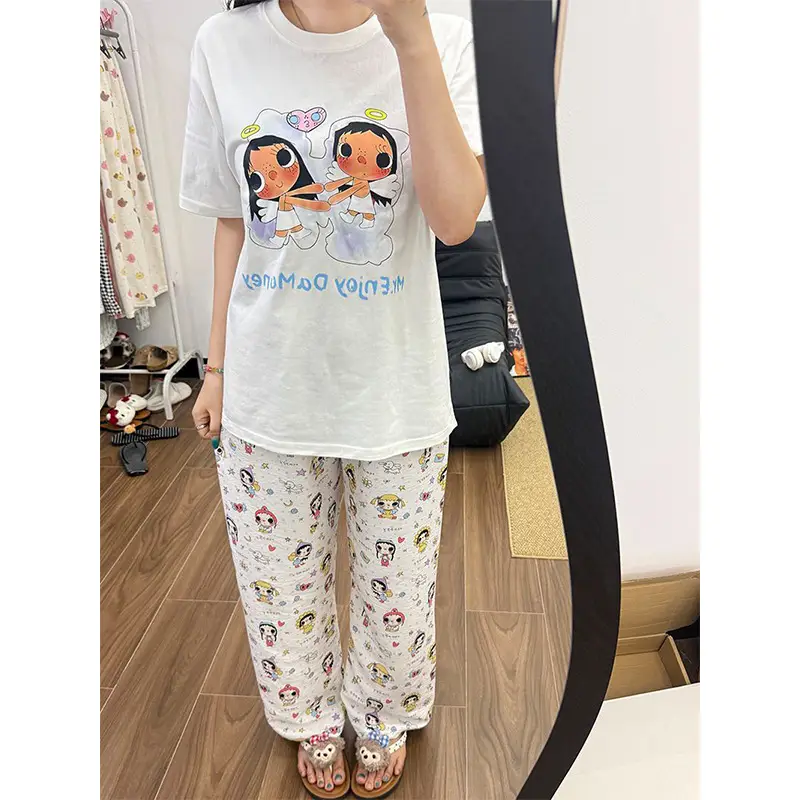 Round Neck Top + Cloud Cotton Long Pants Fashion Set for Women, Cartoon Nose-Picking Chicken Pure Cotton Short-Sleeve Student Casual Pajamas