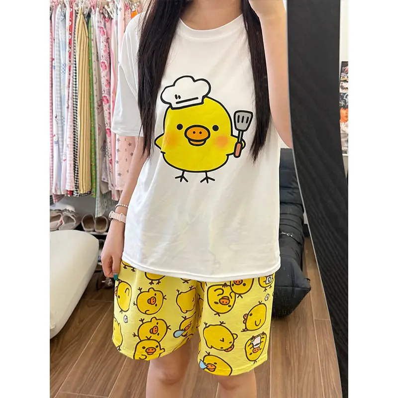 Round Neck Top + Cloud Cotton Long Pants Fashion Set for Women, Cartoon Nose-Picking Chicken Pure Cotton Short-Sleeve Student Casual Pajamas