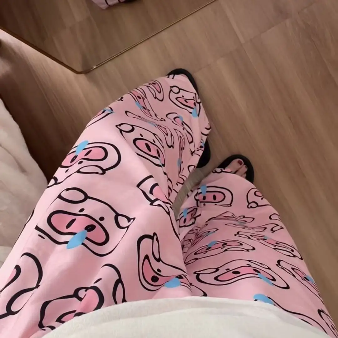 Round Neck Top + Cloud Cotton Long Pants Fashion Set for Women, Cartoon Nose-Picking Chicken Pure Cotton Short-Sleeve Student Casual Pajamas