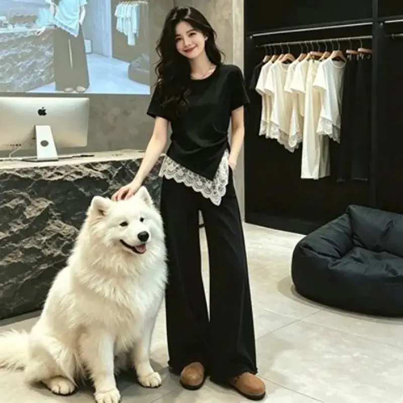 High-Quality 40-Count 92% Cotton 8% Spandex New Plus-Size Women's Round-Neck Irregular Lace Patchwork T-Shirt Trendy