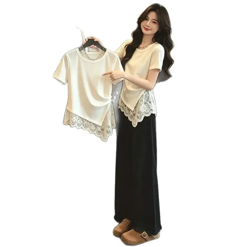 High-Quality 40-Count 92% Cotton 8% Spandex New Plus-Size Women's Round-Neck Irregular Lace Patchwork T-Shirt Trendy