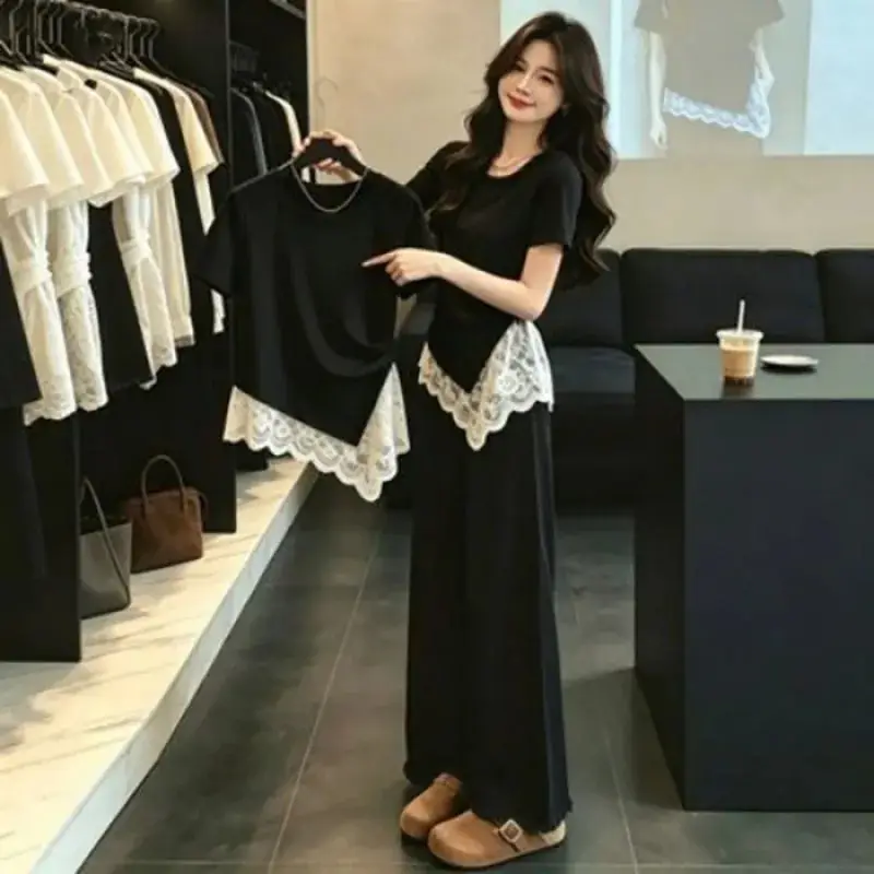 High-Quality 40-Count 92% Cotton 8% Spandex New Plus-Size Women's Round-Neck Irregular Lace Patchwork T-Shirt Trendy