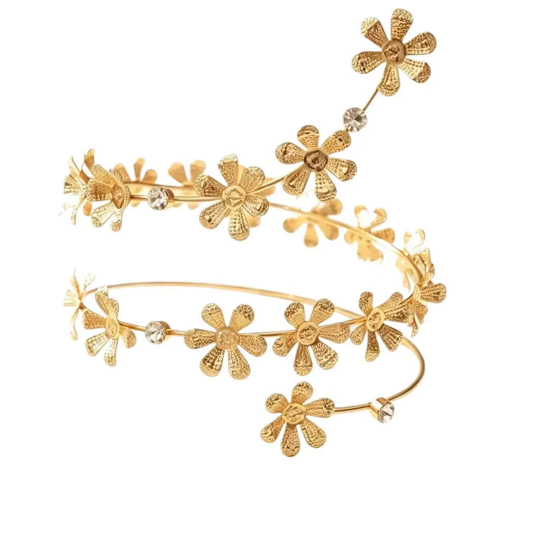 French Retro Gold Flower Open Arm Bracelet with Niche Design and Diamond Inlay, Women's Jewelry Accessories Wholesale