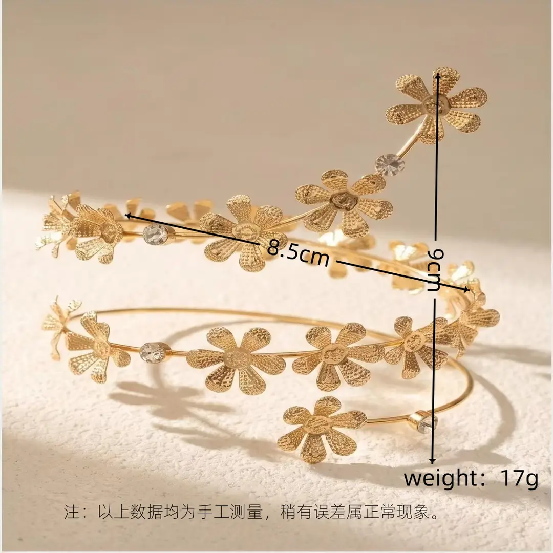 French Retro Gold Flower Open Arm Bracelet with Niche Design and Diamond Inlay, Women's Jewelry Accessories Wholesale — feature 10