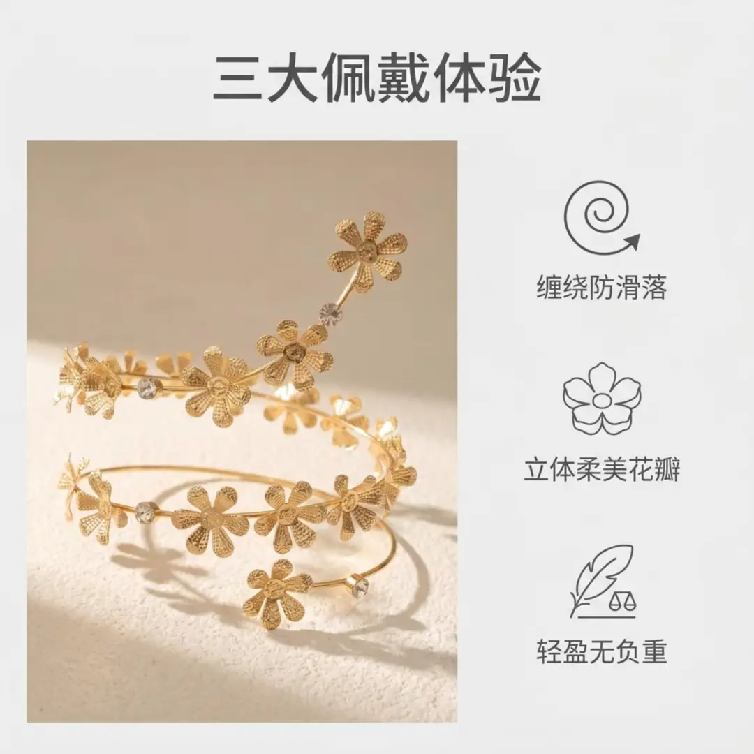 French Retro Gold Flower Open Arm Bracelet with Niche Design and Diamond Inlay, Women's Jewelry Accessories Wholesale — feature 6