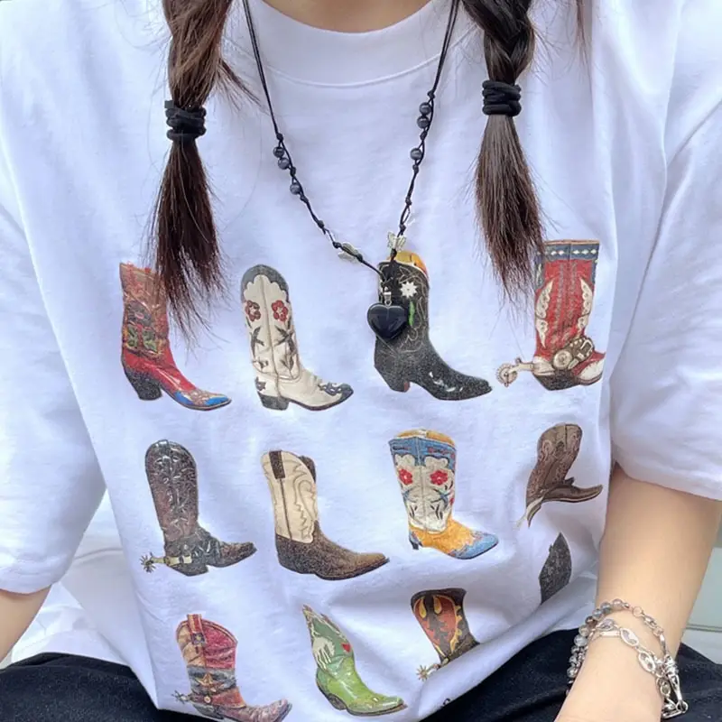 Western-Themed T-Shirt for Women, Summer Loose-Fitting Vintage Bohemian Texas T-Shirt, Cute Cowboy/Cowgirl Graphic