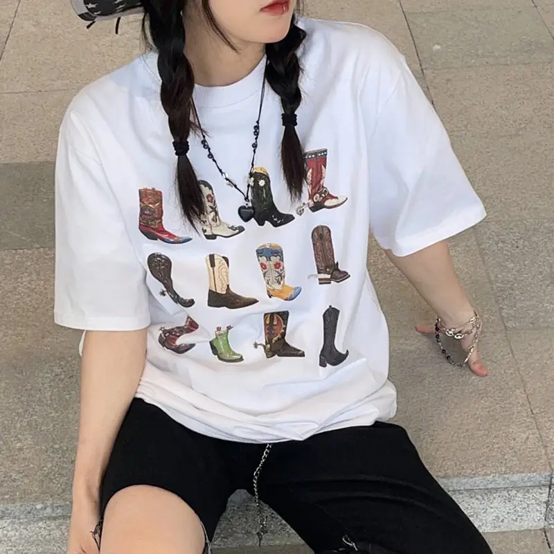 Western-Themed T-Shirt for Women, Summer Loose-Fitting Vintage Bohemian Texas T-Shirt, Cute Cowboy/Cowgirl Graphic