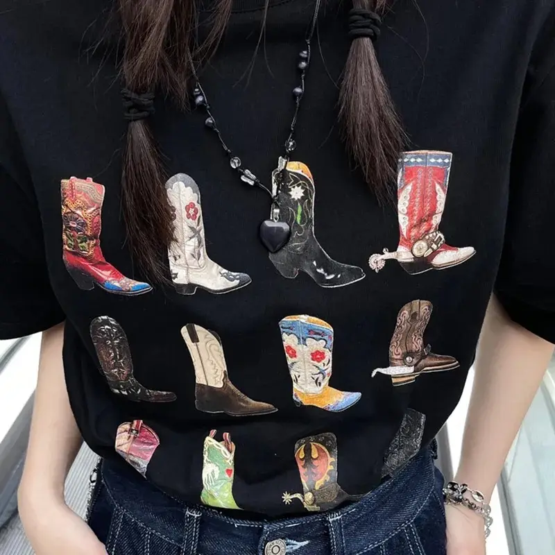 Western-Themed T-Shirt for Women, Summer Loose-Fitting Vintage Bohemian Texas T-Shirt, Cute Cowboy/Cowgirl Graphic
