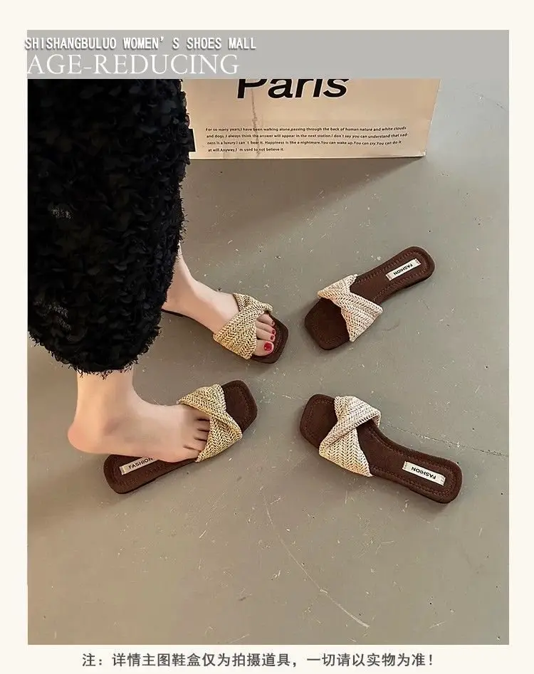 Retro New Style Chao Woven Slip-On Slippers, Comfortable Summer Outdoor Wear, Straw-Woven French-Style Slip-On Sandals for Women, Vacation — feature 2
