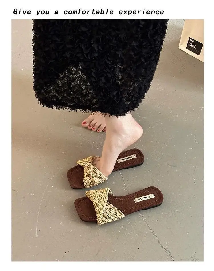 Retro New Style Chao Woven Slip-On Slippers, Comfortable Summer Outdoor Wear, Straw-Woven French-Style Slip-On Sandals for Women, Vacation — feature 9