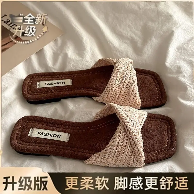 Retro New Style Chao Woven Slip-On Slippers, Comfortable Summer Outdoor Wear, Straw-Woven French-Style Slip-On Sandals for Women, Vacation