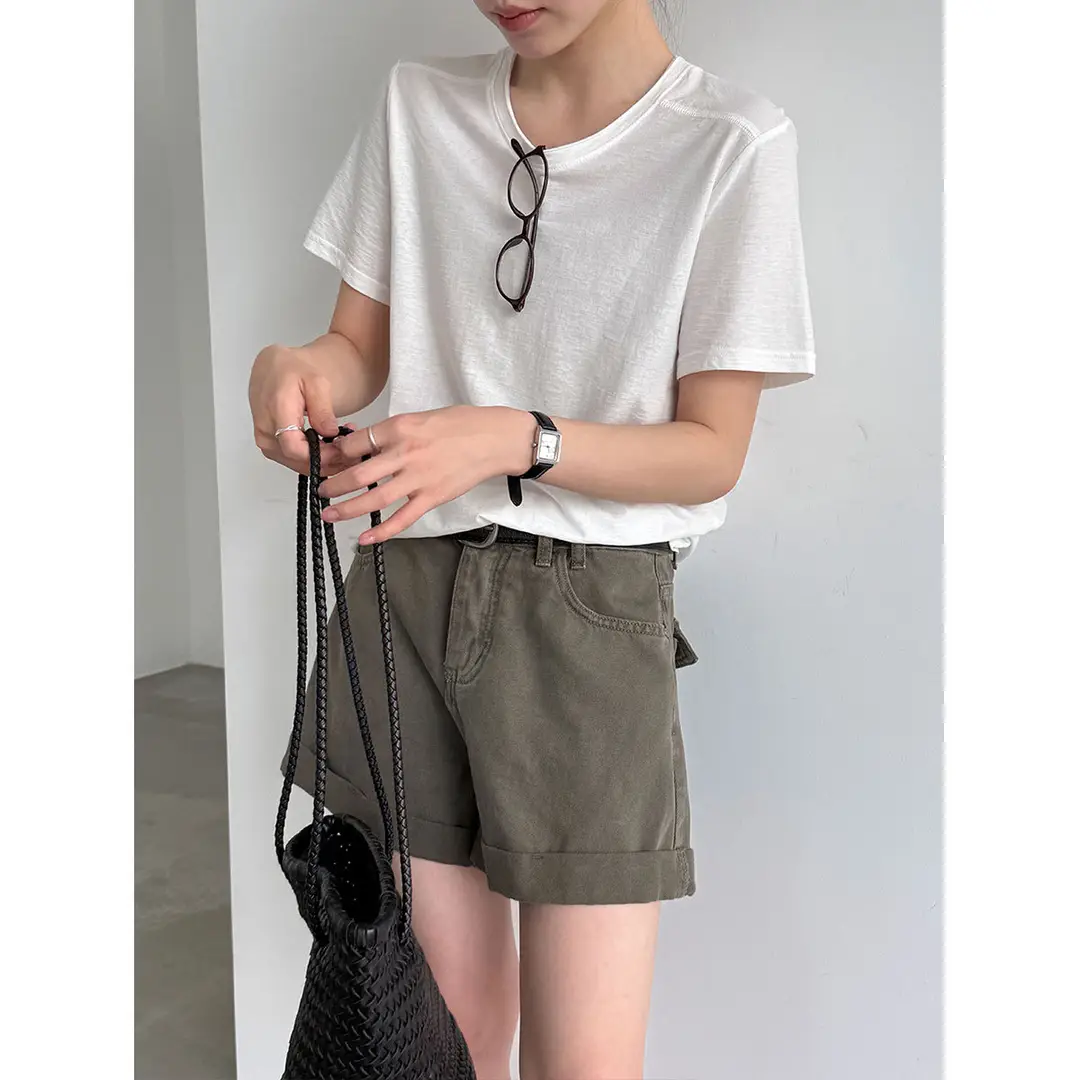 Luxi Korean-Style Versatile Straight-Shoulder Loose T-Shirt for Women 2026 Summer New Slim-Fit Commuter Short-Sleeve Top 21057