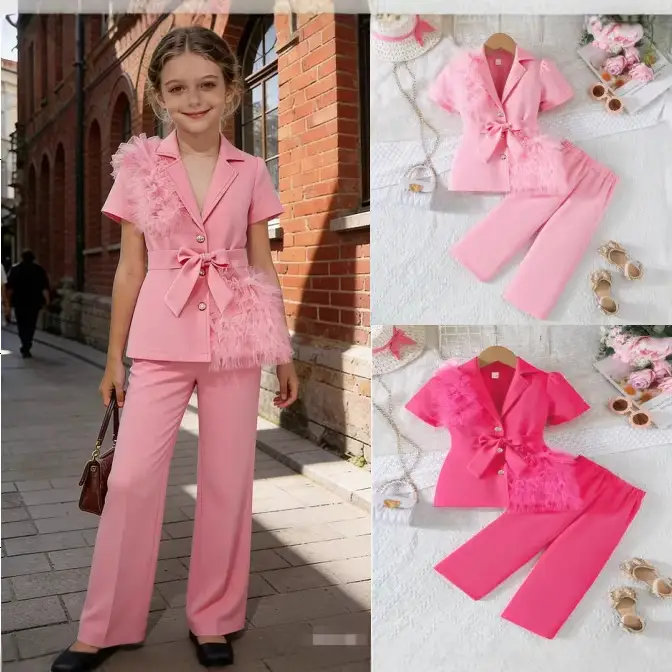 2026 New Summer Style Girls' Suit Set: Rose Red Mesh Patchwork Short-Sleeve Blazer and Wide-Leg Pants