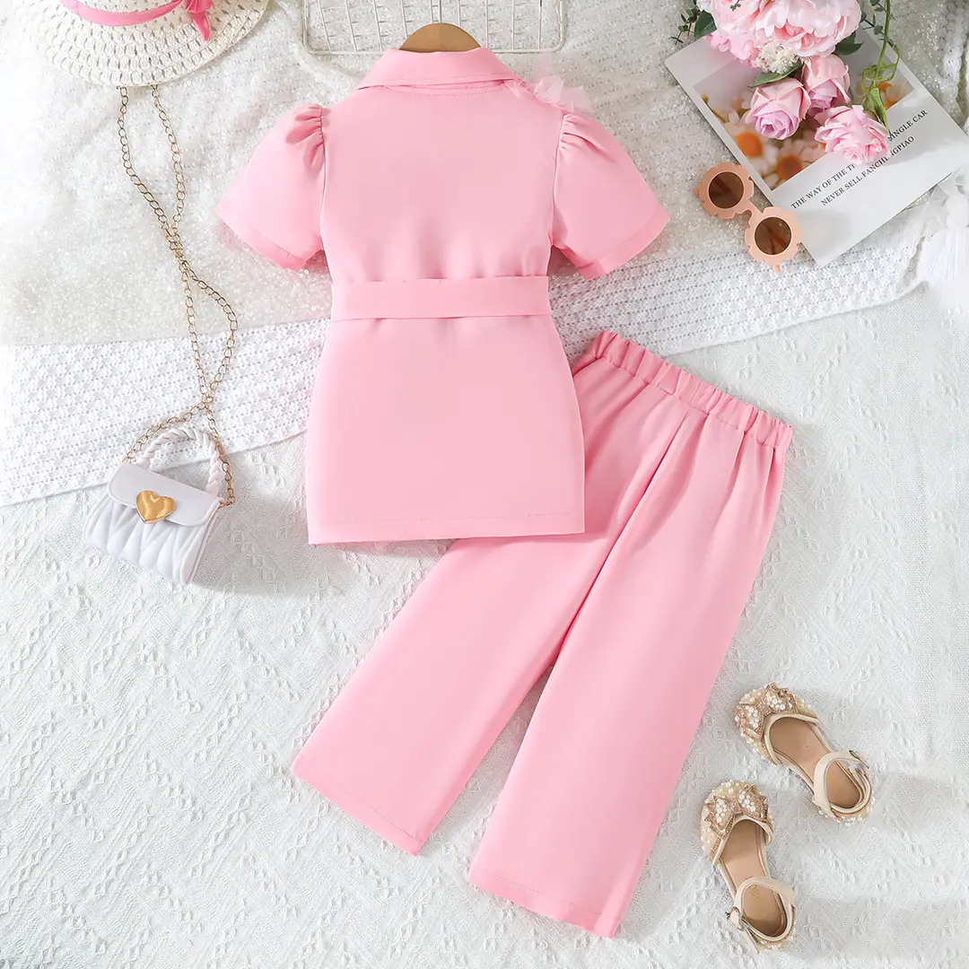 2026 New Summer Style Girls' Suit Set: Rose Red Mesh Patchwork Short-Sleeve Blazer and Wide-Leg Pants
