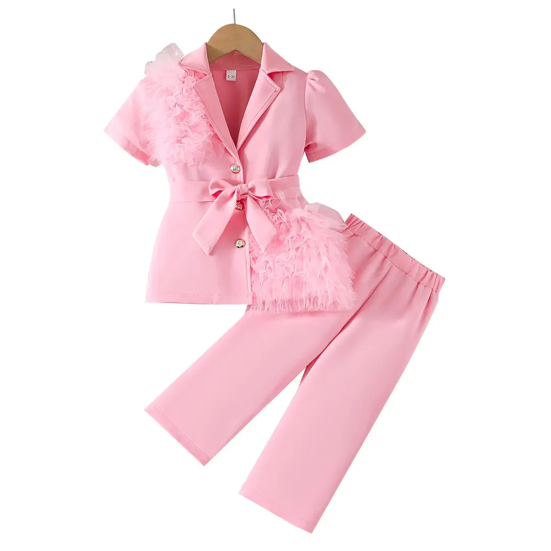 2026 New Summer Style Girls' Suit Set: Rose Red Mesh Patchwork Short-Sleeve Blazer and Wide-Leg Pants
