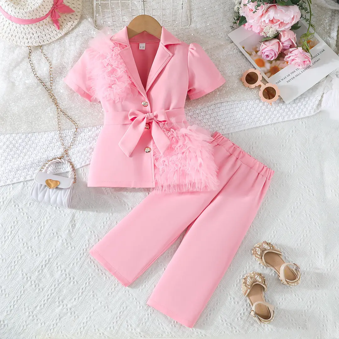 2026 New Summer Style Girls' Suit Set: Rose Red Mesh Patchwork Short-Sleeve Blazer and Wide-Leg Pants — feature 2
