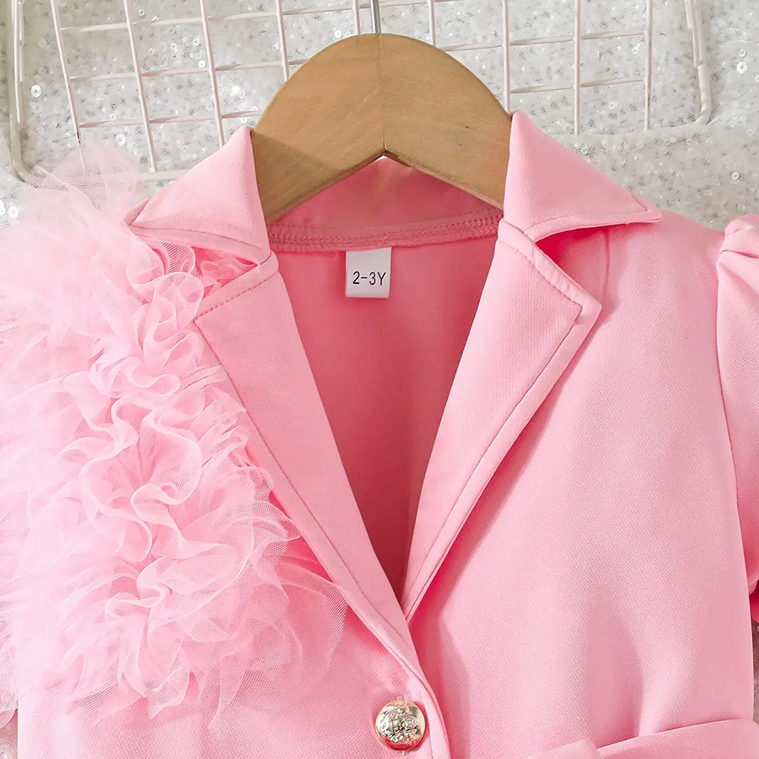 2026 New Summer Style Girls' Suit Set: Rose Red Mesh Patchwork Short-Sleeve Blazer and Wide-Leg Pants — feature 4