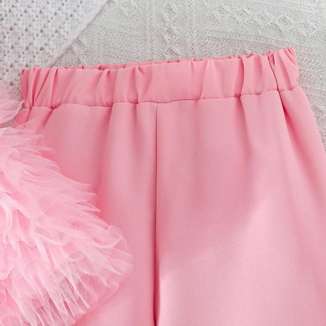 2026 New Summer Style Girls' Suit Set: Rose Red Mesh Patchwork Short-Sleeve Blazer and Wide-Leg Pants — feature 6