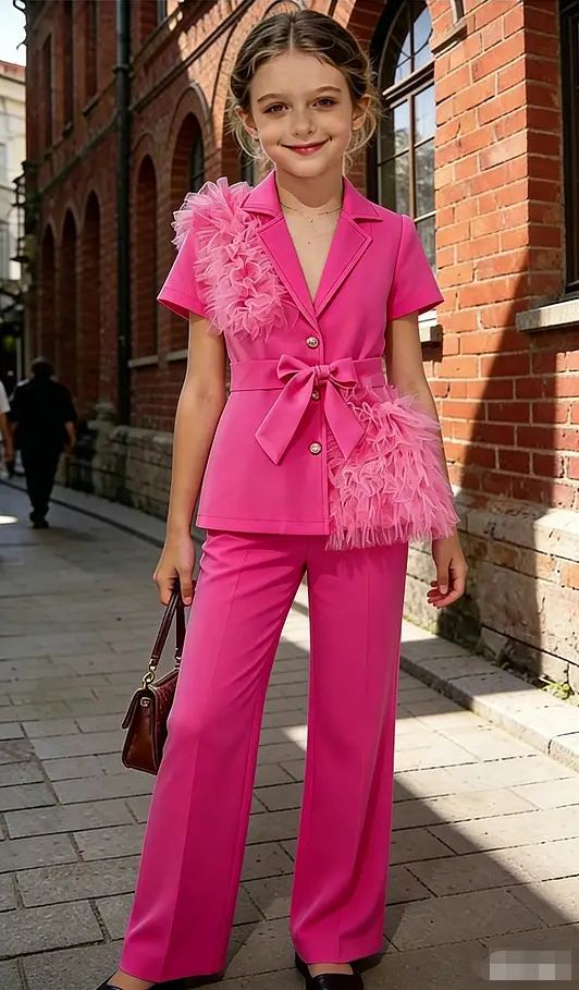 2026 New Summer Style Girls' Suit Set: Rose Red Mesh Patchwork Short-Sleeve Blazer and Wide-Leg Pants