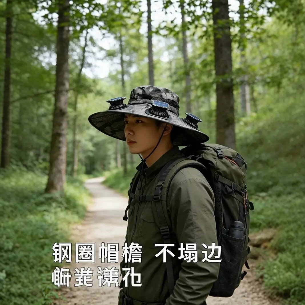 Solar Fan Sun Hat for Men, Summer Outdoor Fishing Sun Protection Large Brim Fisherman Hat, Camouflage Breathable Sun Protection Hat