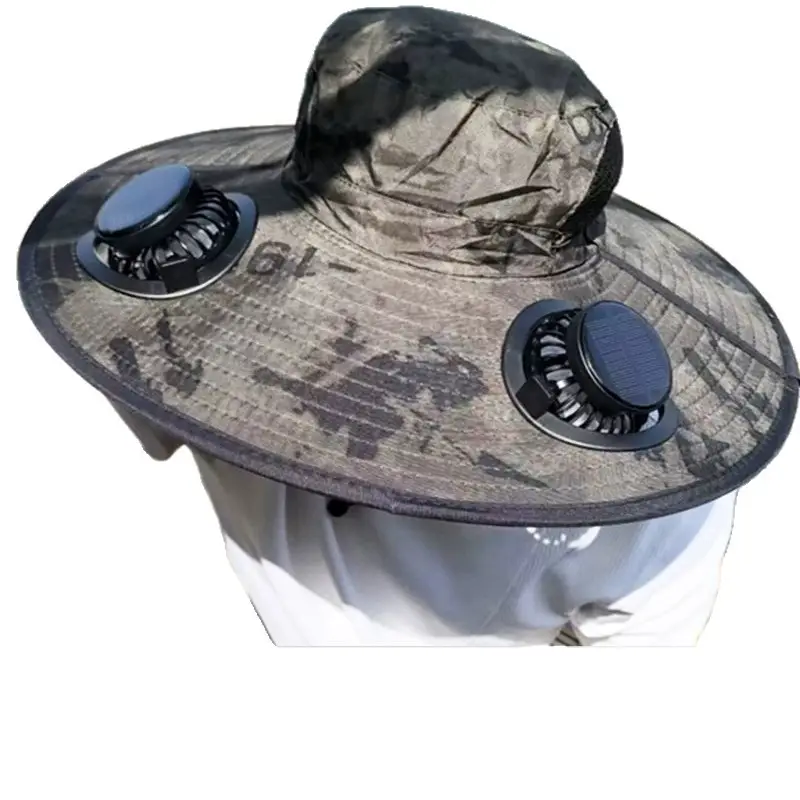 Solar Fan Sun Hat for Men, Summer Outdoor Fishing Sun Protection Large Brim Fisherman Hat, Camouflage Breathable Sun Protection Hat