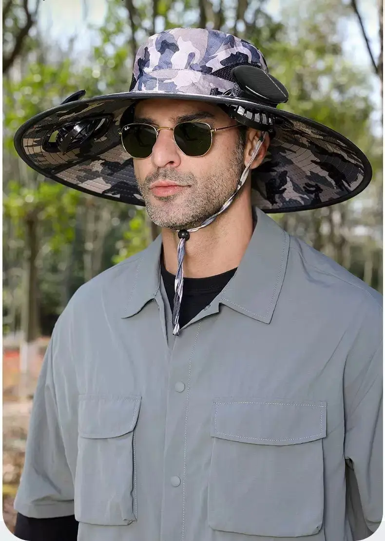 Solar Fan Sun Hat for Men, Summer Outdoor Fishing Sun Protection Large Brim Fisherman Hat, Camouflage Breathable Sun Protection Hat — feature 10